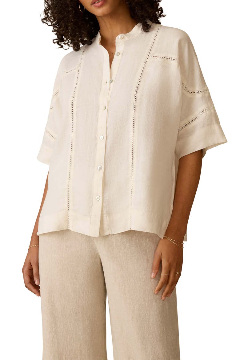 Luna Lattice Inset Linen Shirt, Main, color, WHITE