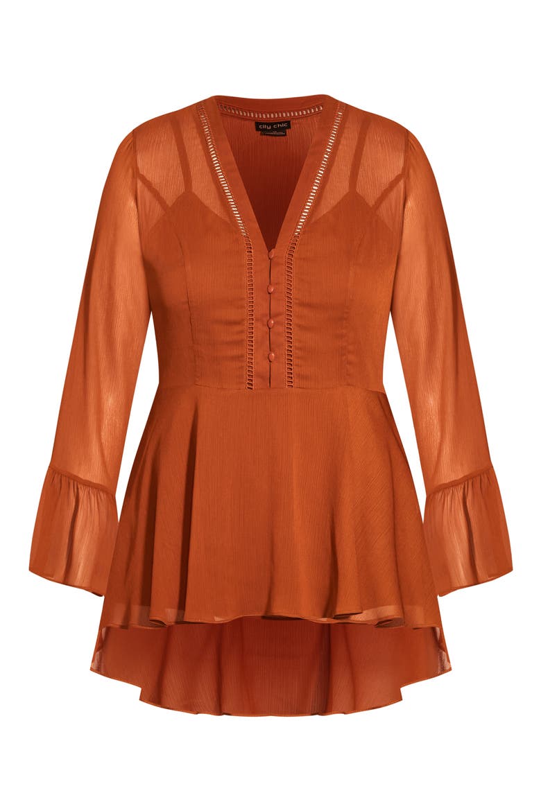 Button Love Bell Sleeve Peplum Blouse, Alternate, color, TOFFEE