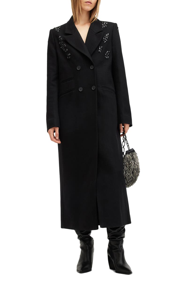 AllSaints Ellen Embellished Wool Blend Coat, Main, color,