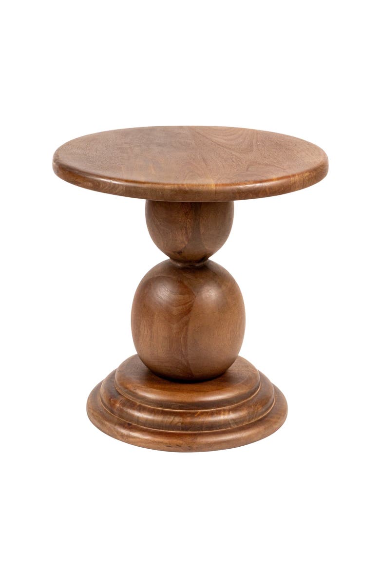 Round Mango Wood Bulbed Pedestal End Table, Main, color, Brown