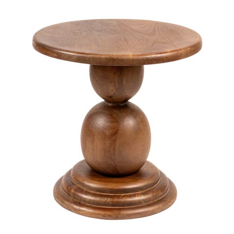 Round Mango Wood Bulbed Pedestal End Table