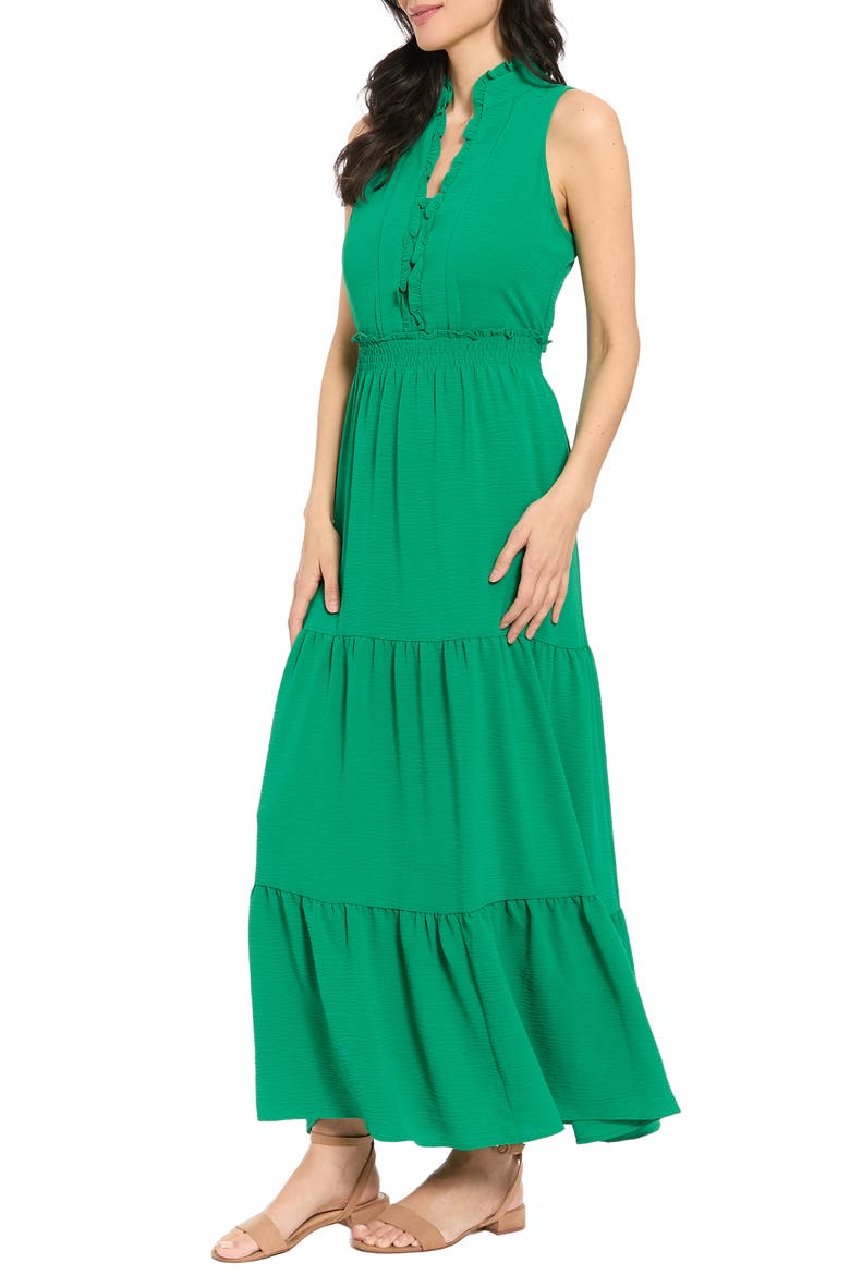 Ruffle Sleeveless Smocked Waist Tiered Maxi Dress, Alternate, color, EMERALD WAVE