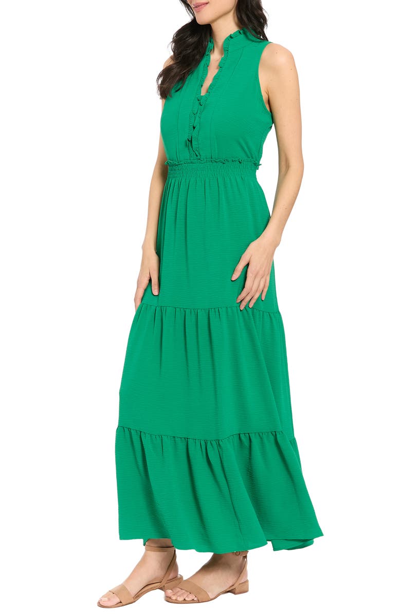 London Times Ruffle Sleeveless Smocked Waist Tiered Maxi Dress, Alternate, color, Emerald Wave