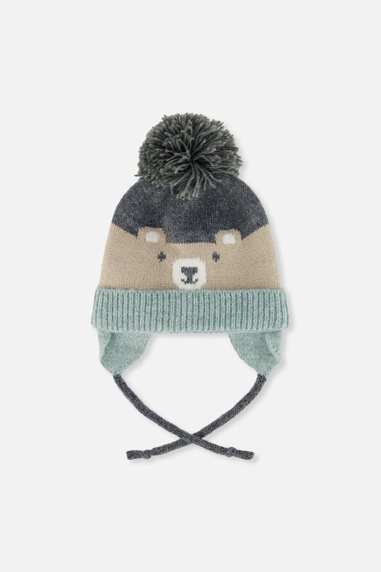 Teddy Bear Face Earflap Winter Knit Hat with Chin Ties, Main, color, Beige and Turquoise Teddy Bear