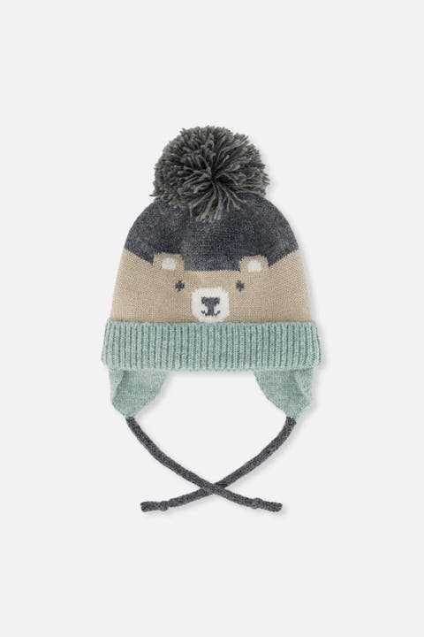 Teddy Bear Face Earflap Winter Knit Hat with Chin Ties