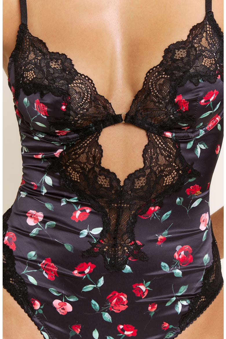 Garden of Eden Lace Trim Satin Bodysuit & Garter Set, Alternate, color, DARK ROSES