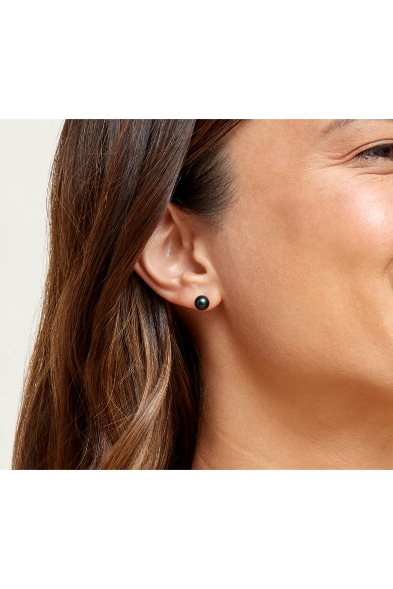 7mm Black Freshwater Round Pearl Stud Earrings, Alternate, color, White Gold