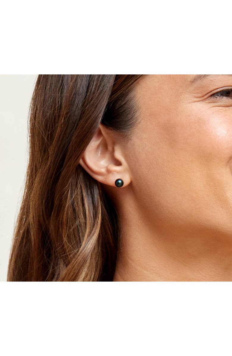 The Pearl Source Akoya Round Pearl Stud Earrings 6.5-7mm, Alternate, color, Black Pearl - Yellow Gold