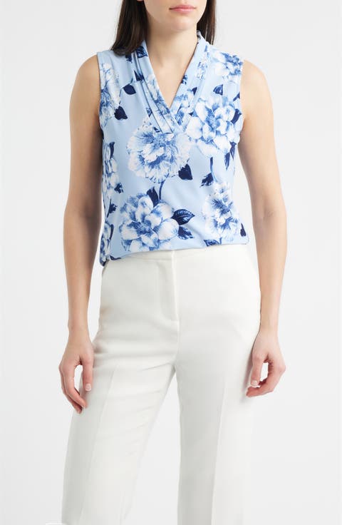 Anne Klein Floral Triple Pleat V-neck Top