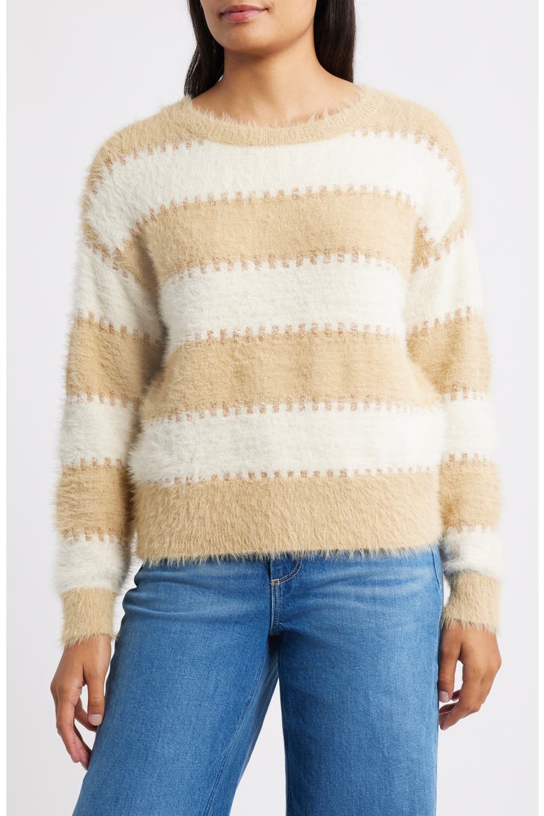 Stripe Metallic Boat Neck Sweater, Main, color, CHAMPAGNE/ TAUPE