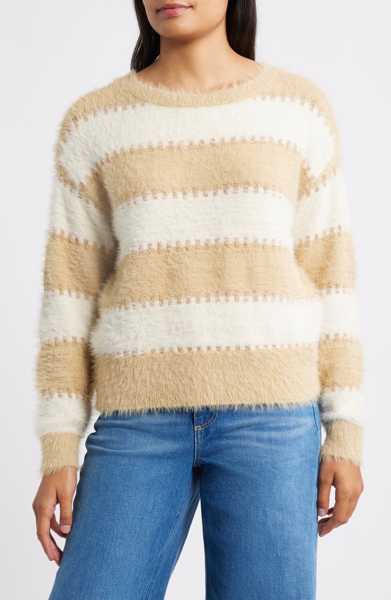 CITY BLUES Stripe Metallic Boat Neck Sweater, Main, color, Champagne/ Taupe