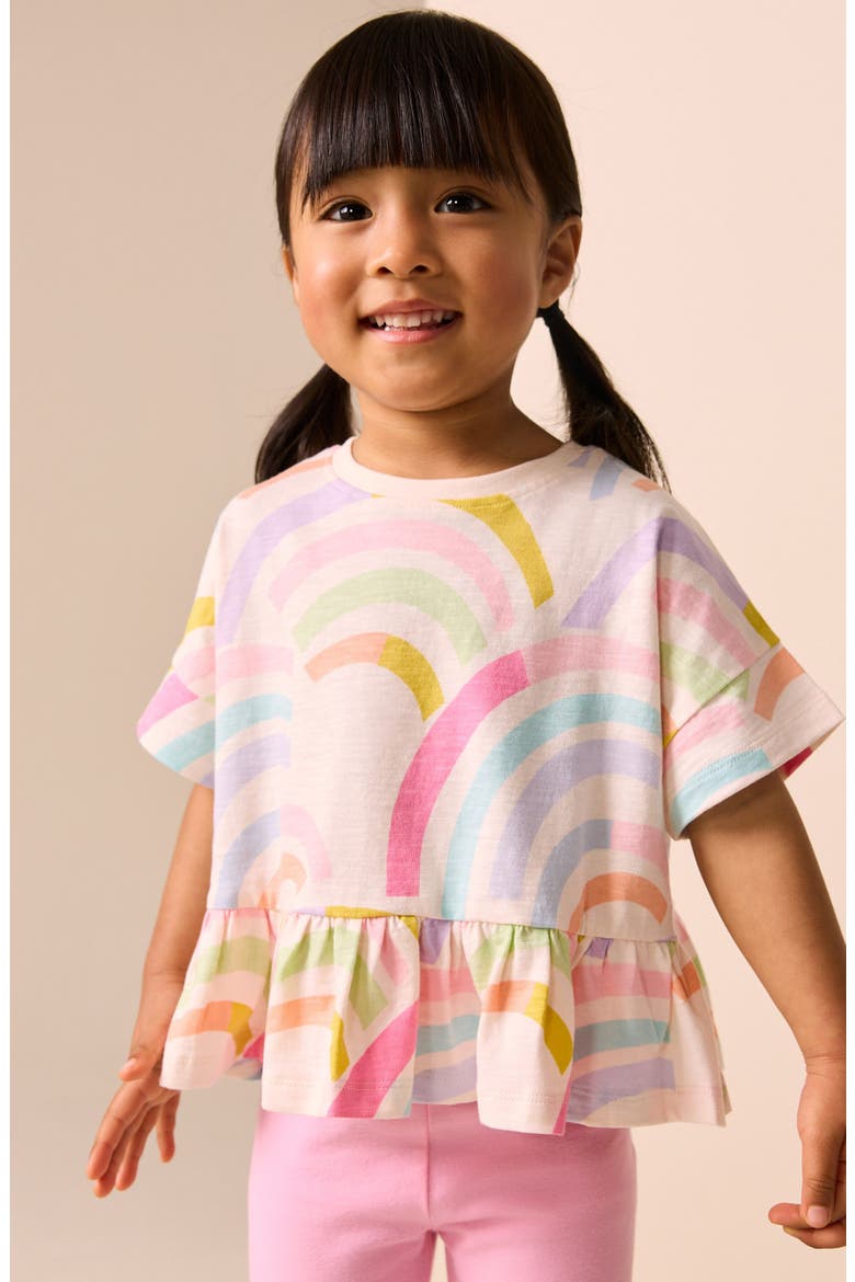 Kids' Rainbow Print Cotton Peplum T-Shirt, Alternate, color, NEUTRAL