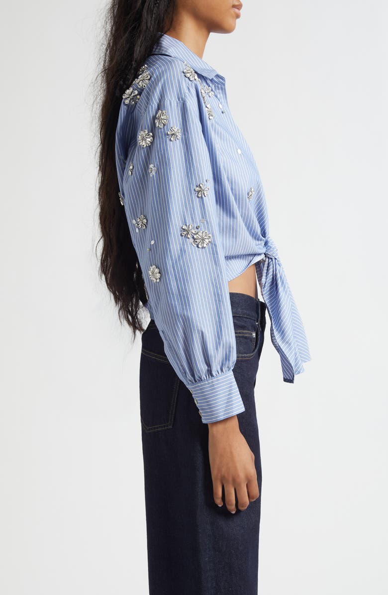 Cinq à Sept Lola Stripe Rhinestone Embellished Tie Front Button-Up Shirt, Alternate, color, Blue Multi