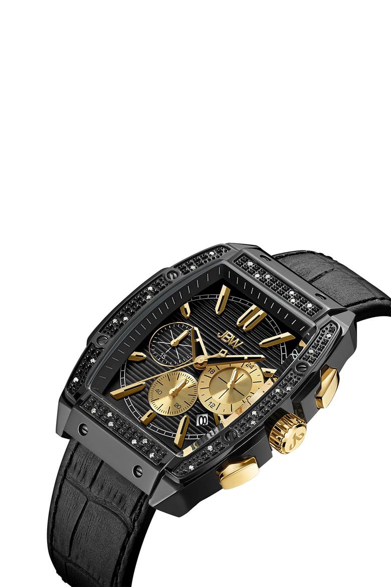 Echelon Diamond Chronograph Croc Embossed Leather Strap Watch, 41mm, Alternate, color, BLACK