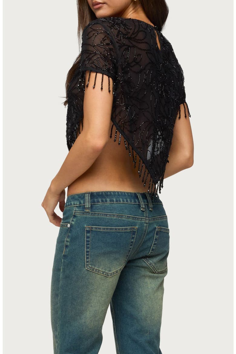 Yanna Beaded Fringe Poncho Crop Top, Alternate, color, BLACK