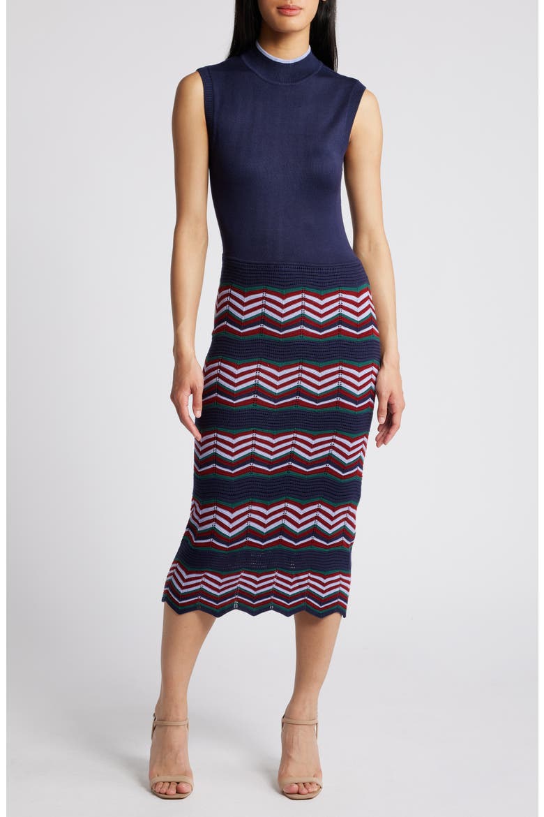 Sleeveless Mock Neck Body-Con Sweater Dress, Main, color, NAVY MULTI