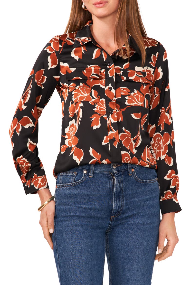 Floral Print Button-Up Utility Shirt, Main, color, RICH BLACK