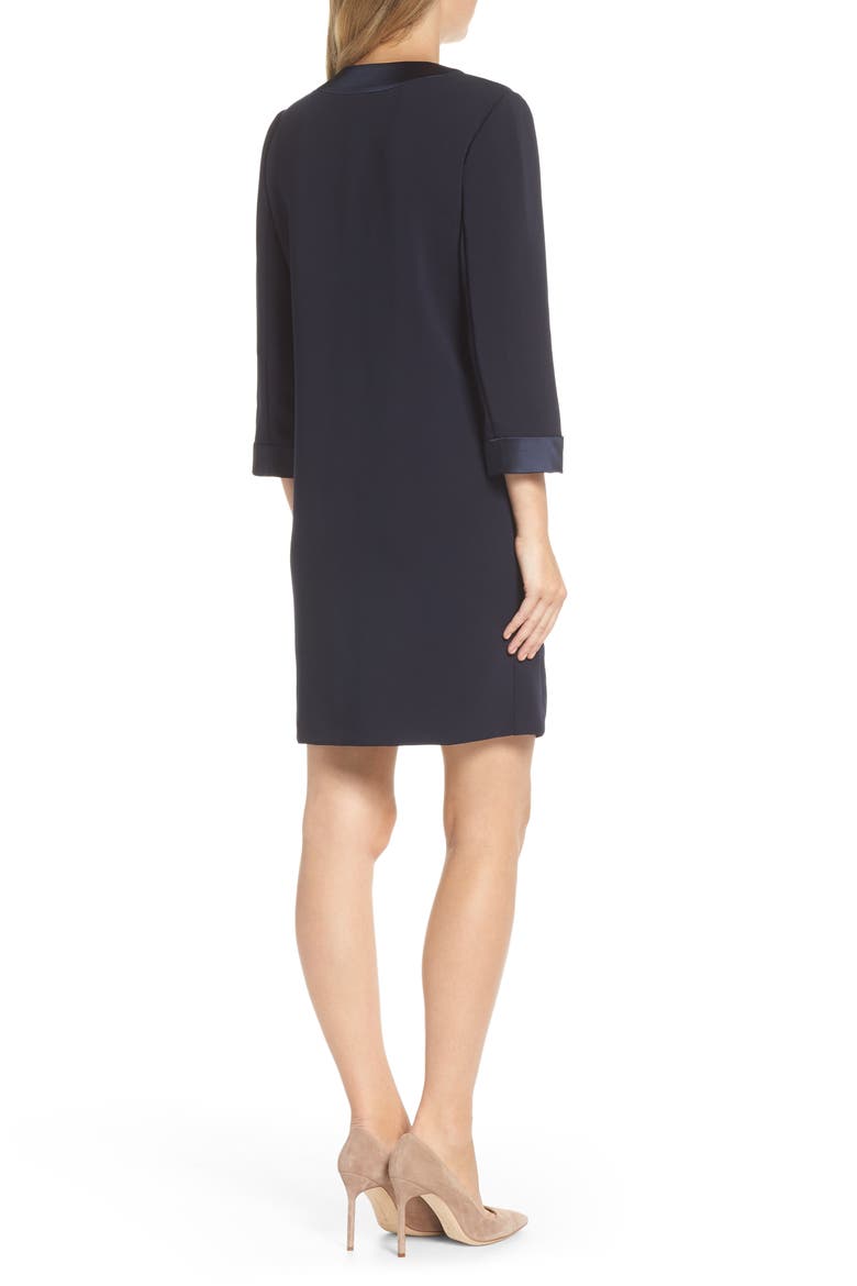 Satin Trim Crepe Shift Dress, Alternate, color, DARK NAVY