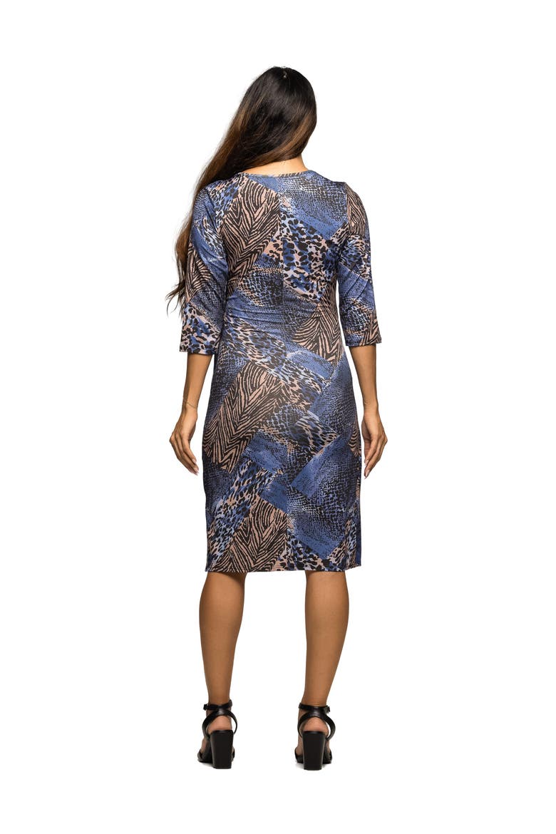 Three Quarter Sleeve Faux Wrap Dress in Animal Print, Alternate, color, Blue Multi