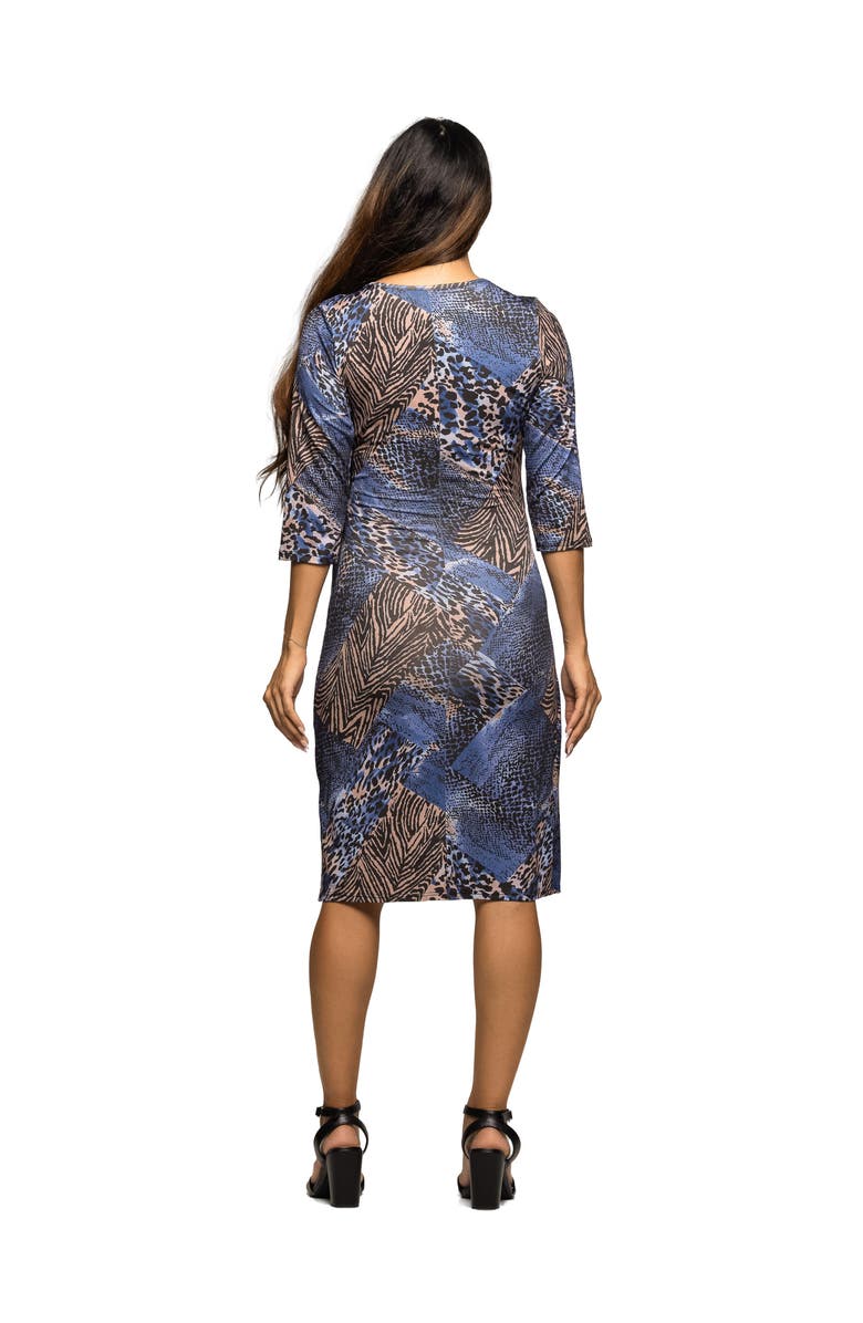 24seven Comfort Apparel Three Quarter Sleeve Faux Wrap Dress in Animal Print, Alternate, color, Blue Multi