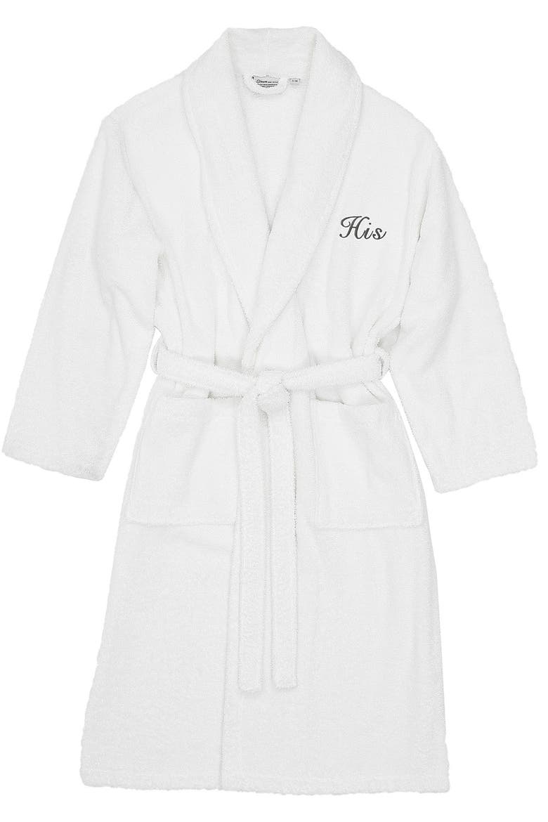 Embroidered 'His' Terry Bathrobe, Alternate, color, WHITE