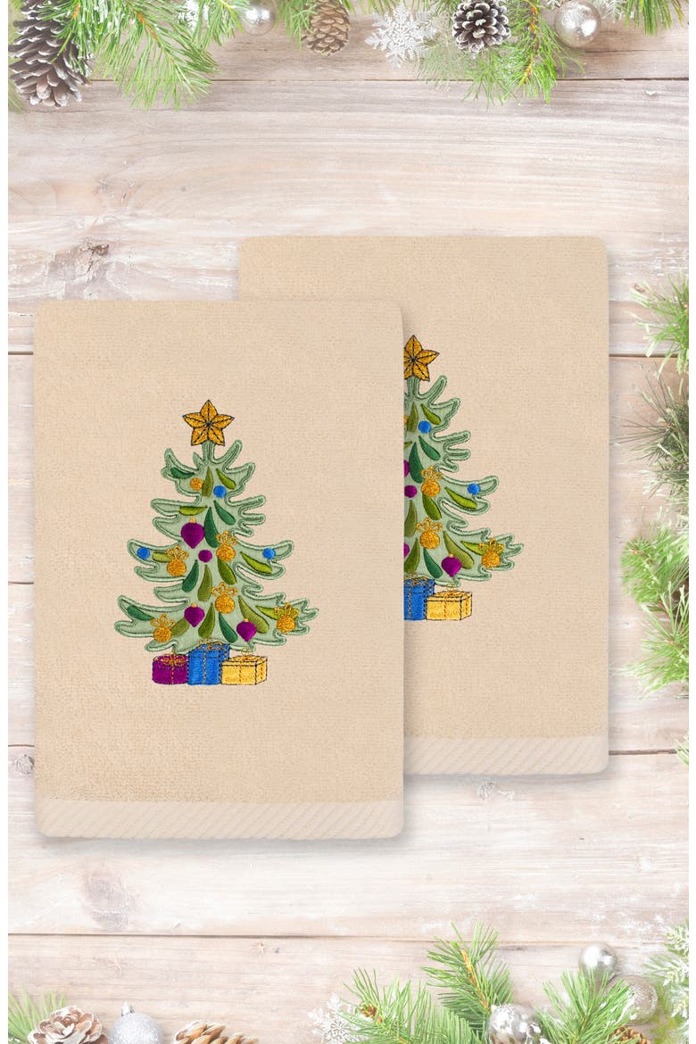2-Piece Holiday Tree Turkish Cotton Hand Towel Set, Alternate, color, SAND