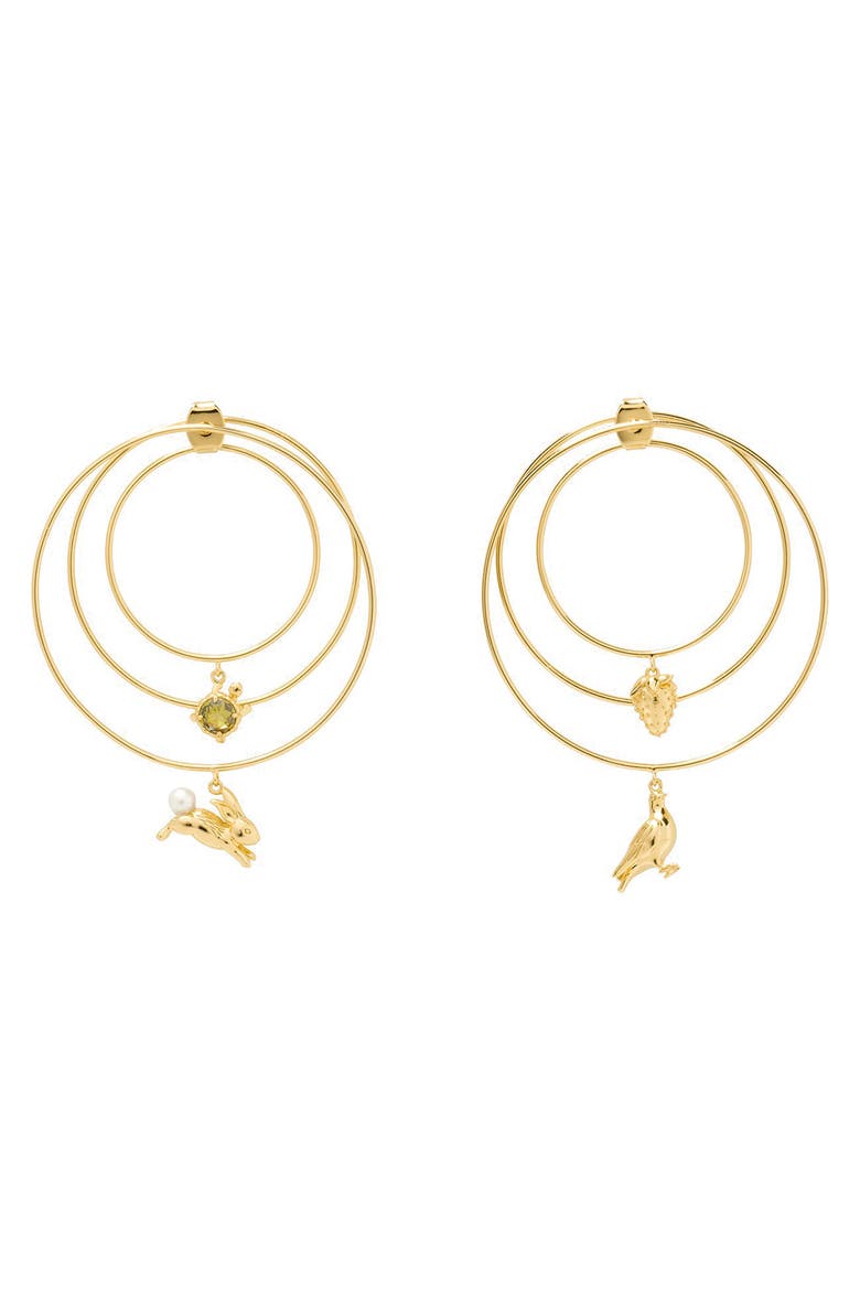 bunny & strawberry charm hoop earrings, Main, color, GOLD MULTI