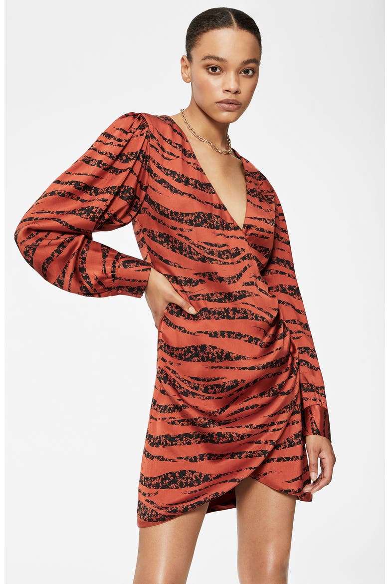 Penelope Long Sleeve Silk Minidress, Alternate, color, RUST ZEBRA