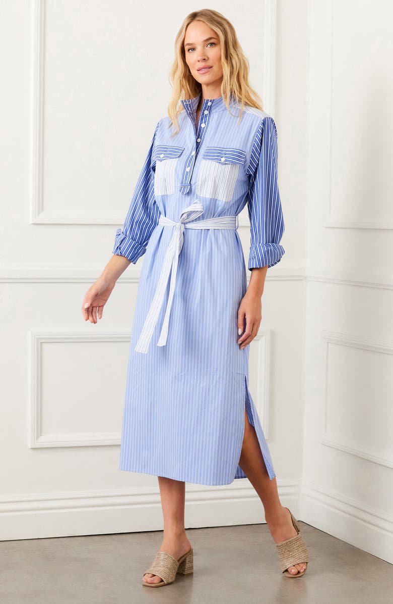 Karen Kane Mixed Stripe Belted Long Sleeve Shirtdress, Alternate, color, Blue Stripe