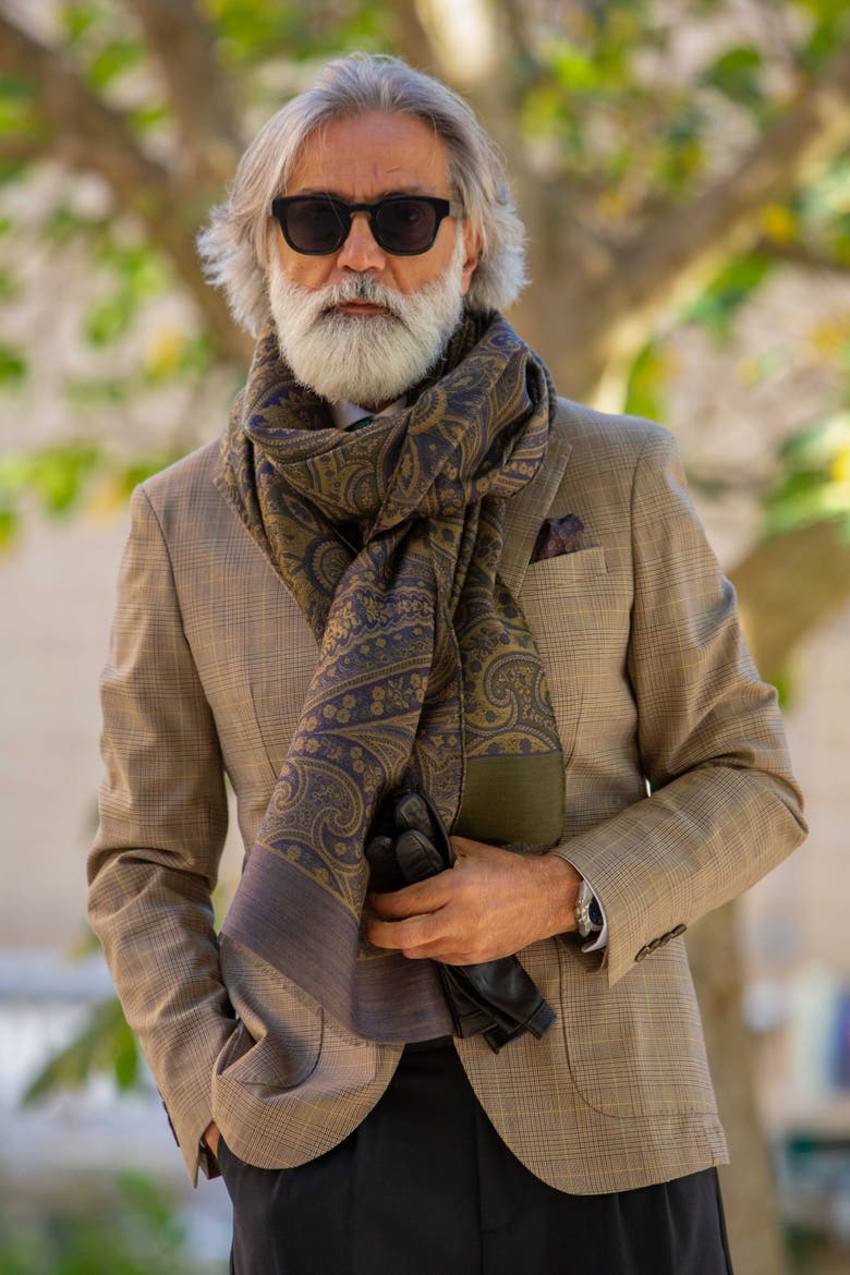 Leone - Wool Silk Scarf for Men, Alternate, color, Olive Green