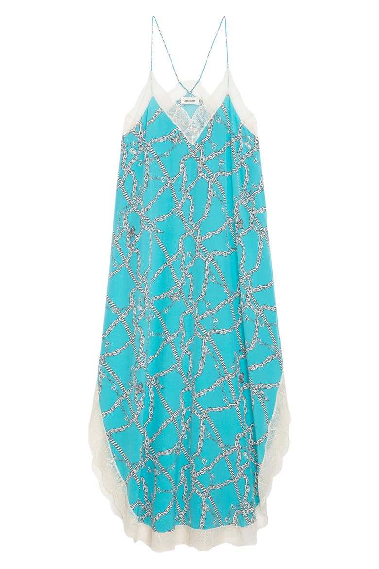 Ristyl Chaines Lace Trim Silk Maxi Dress, Alternate, color, AQUA