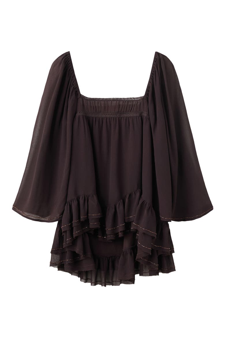 Bead Embellished Ruffle Tiered Tunic Top, Main, color, BROWN