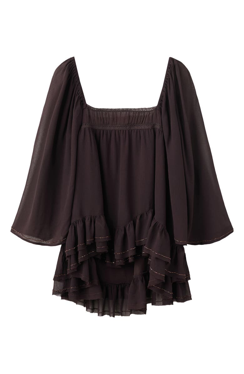 MANGO Bead Embellished Ruffle Tiered Tunic Top, Main, color, Brown