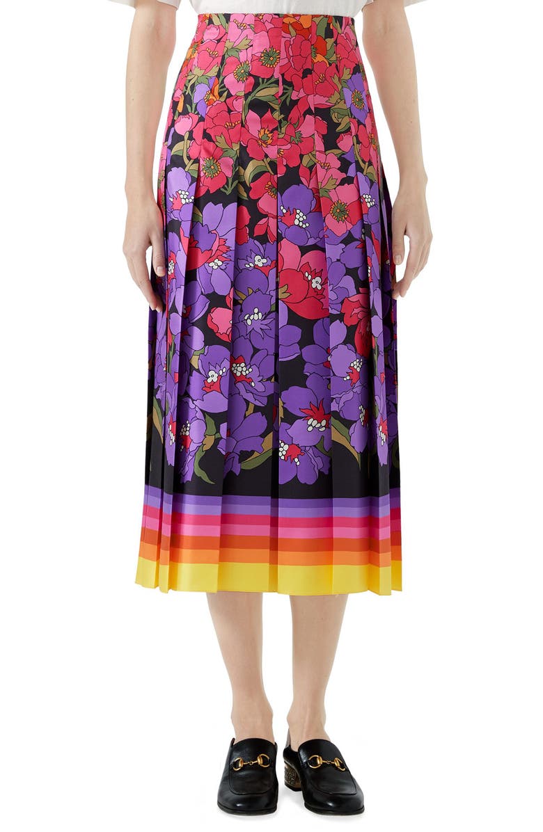 Gucci Flower Dégradé Pleated Silk Skirt, Main, color, 