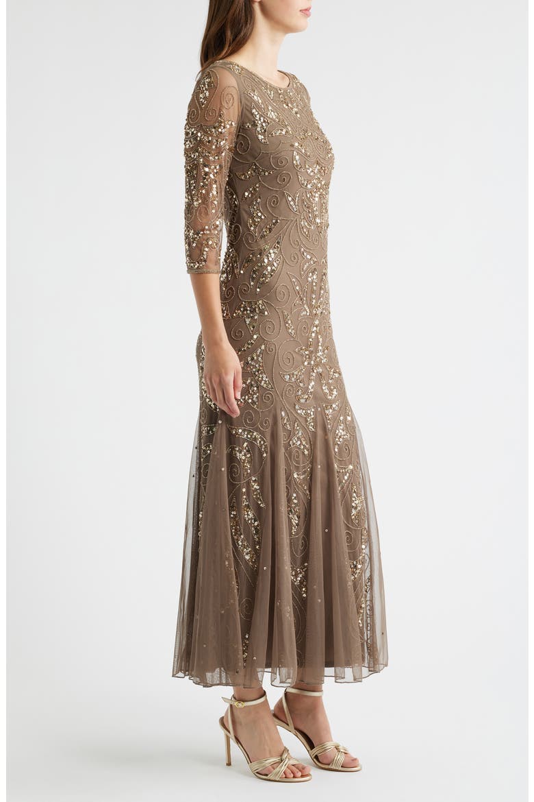 Illusion Sleeve Beaded A-Line Gown, Alternate, color, JBS MOCHA