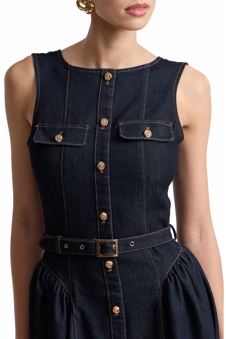 Belted Sleeveless Denim Dress, Alternate, color, DARK RINSE