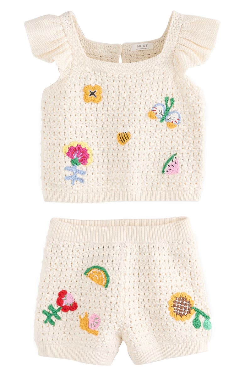 NEXT Kids' Crochet Appliqué Open Stitch Cotton Top & Shorts Set, Main, color, Neutral