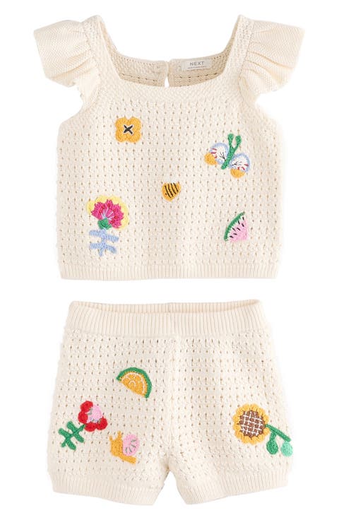 Kids' Crochet Appliqué Open Stitch Cotton Top & Shorts Set (Baby, Toddler & Little Kid)