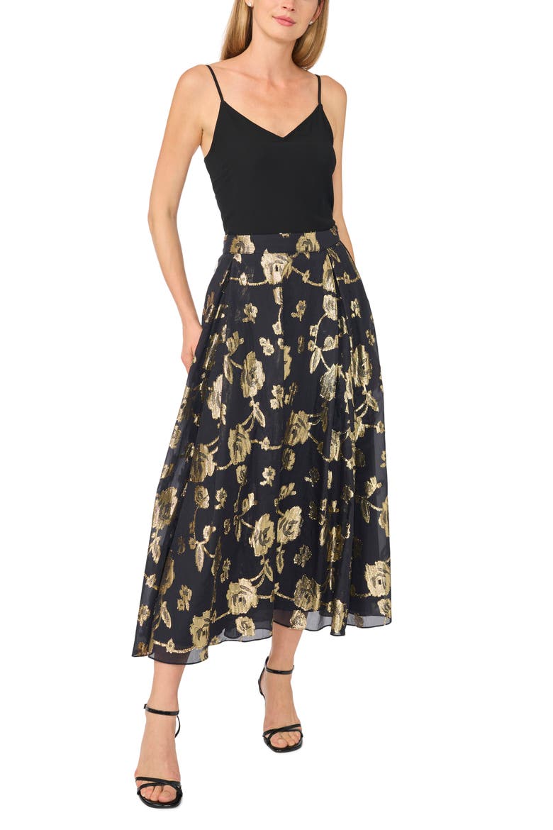 Metallic Floral Box Pleat Midi Skirt, Alternate, color, RICH BLACK