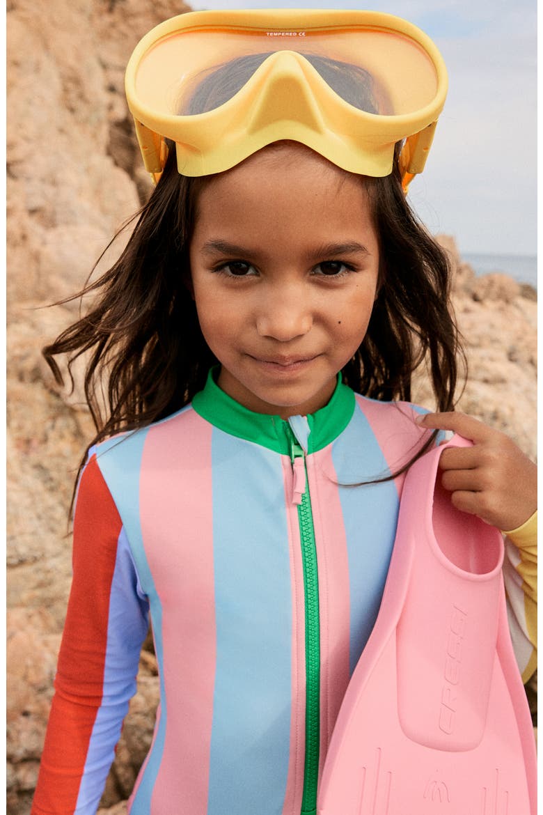 Kids' Long Sleeve Zip-Up One-Piece Rashguard Swimsuit, Alternate, color, HOTPOTCH STRIPE