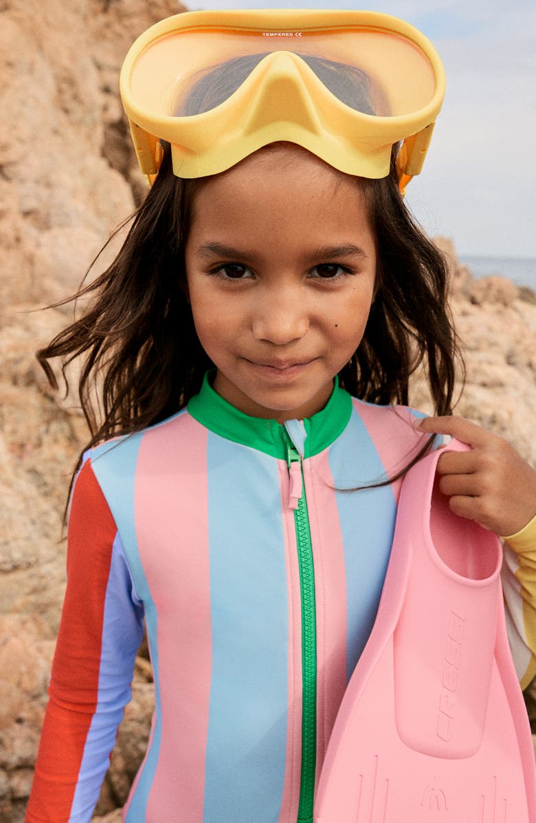 Mini Boden Kids' Long Sleeve Zip-Up One-Piece Rashguard Swimsuit, Alternate, color, Hotpotch Stripe