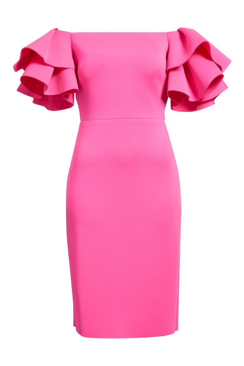 Ruffle Sleeve Off the Shoulder Cocktail Dress, Alternate, color, HOT PINK