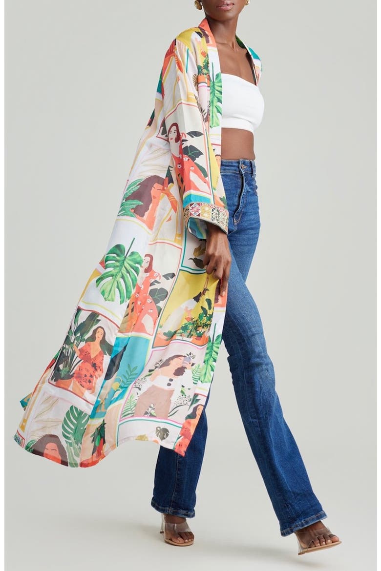 Mixed Graphic Print Open Front Satin Jacket, Alternate, color, WHITE