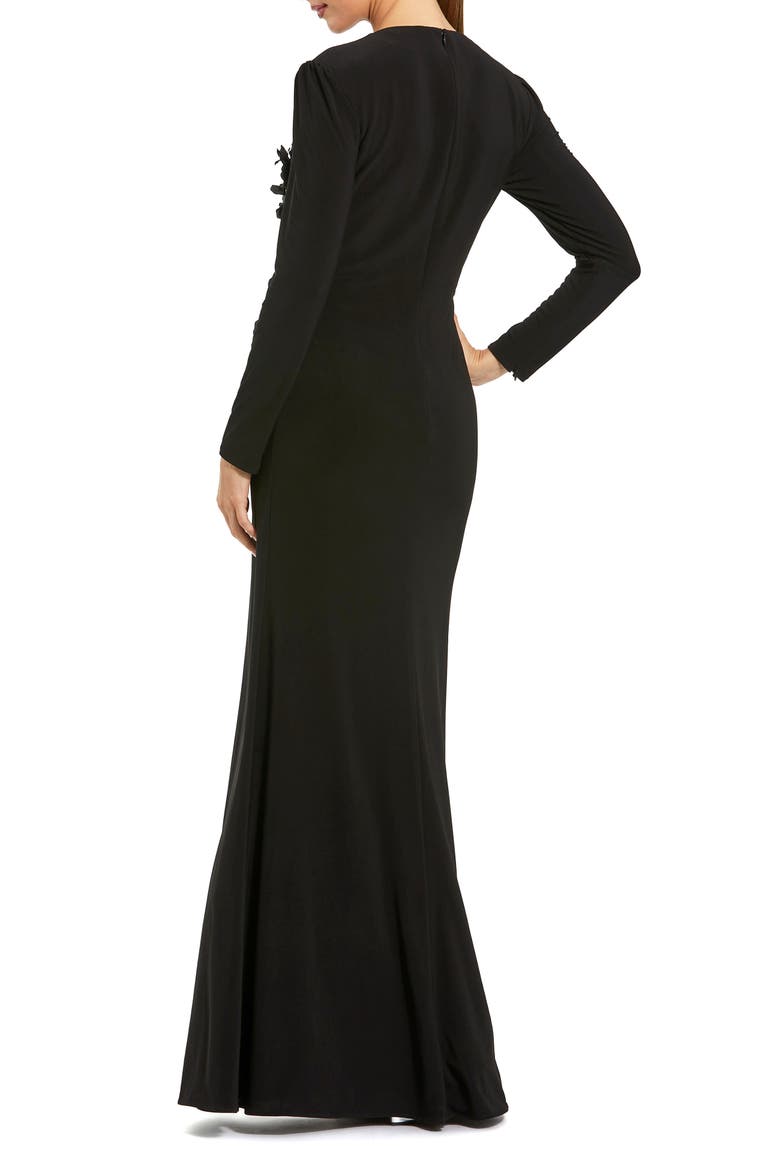 Long Sleeve High Neck Floral Beaded Jersey Gown, Alternate, color, Black