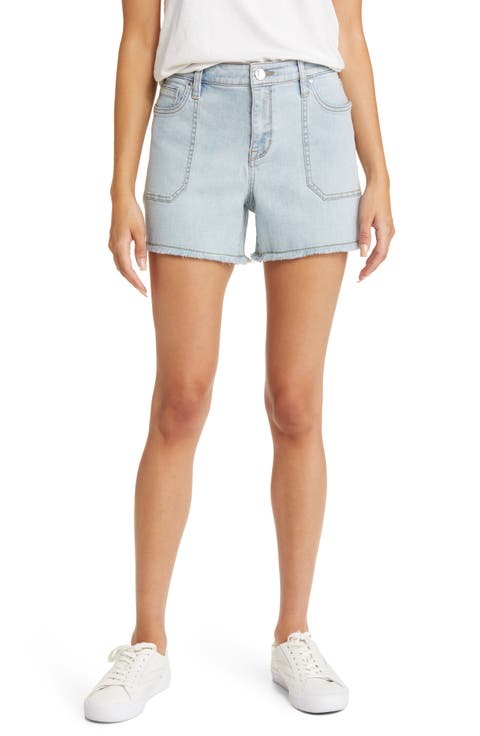 Borocay High Waist Fray Hem Denim Utility Shorts (Sunfade Blue)