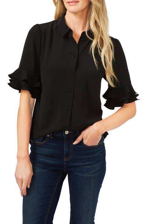 Ruffle Sleeve Crepe Button-Up Shirt