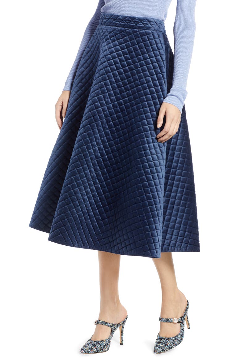 x Atlantic-Pacific Quilted Velour Circle Midi Skirt, Main, color, NAVY BLAZER