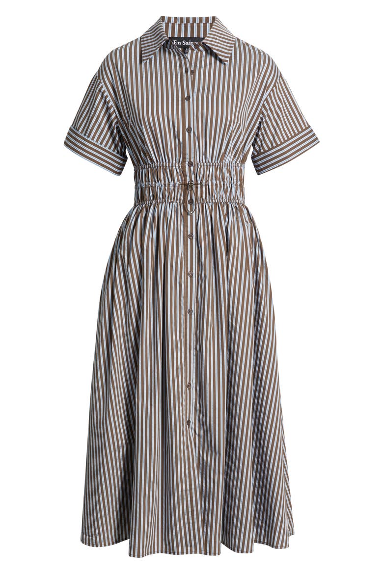 Stripe Short Sleeve Cotton Blend Midi Shirtdress, Alternate, color, BROWN BLUE