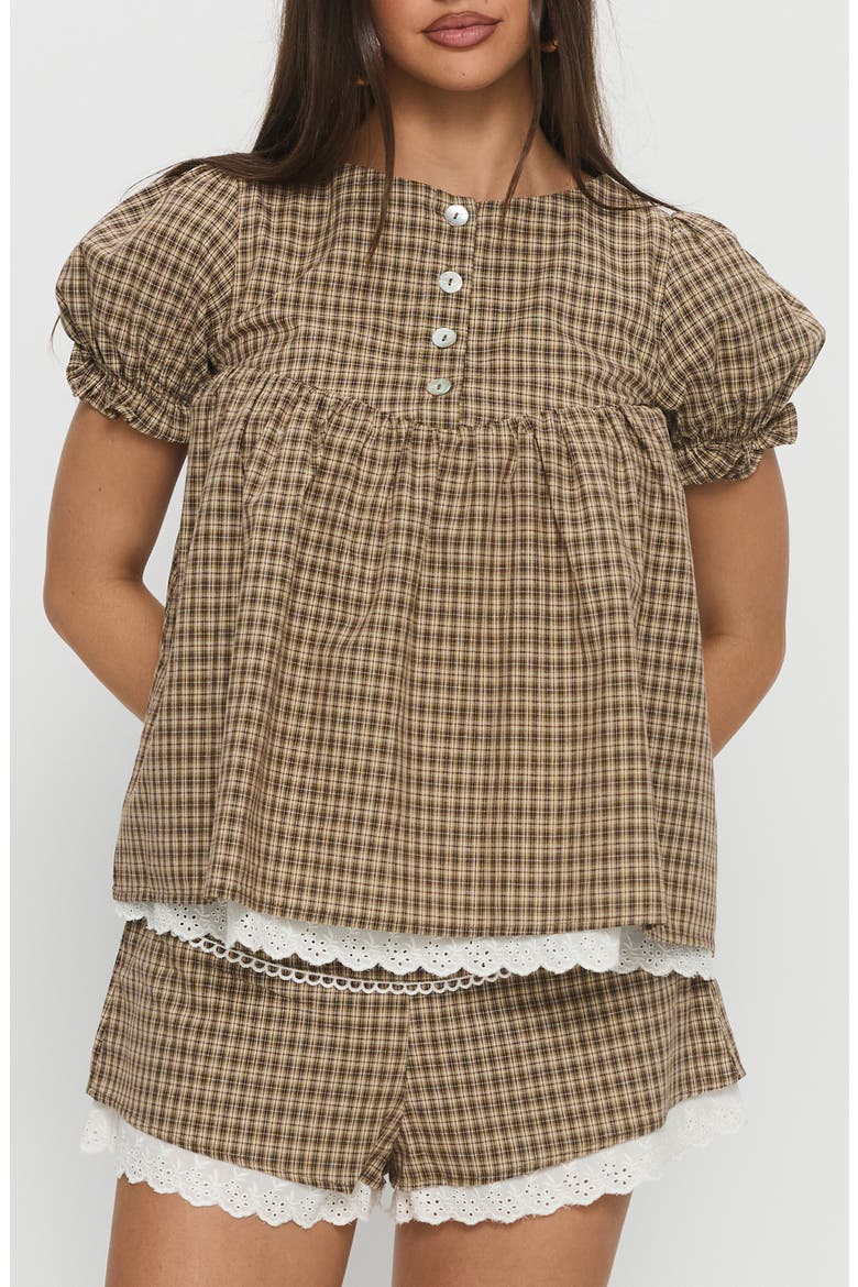 Chandelier Check Babydoll Top, Main, color, BROWN CHECK