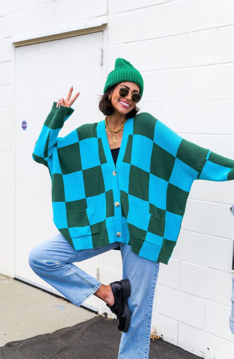 Dressed in Lala Love You Oversize Checkerboard Cardigan, Alternate, color, Emerald/ Sky